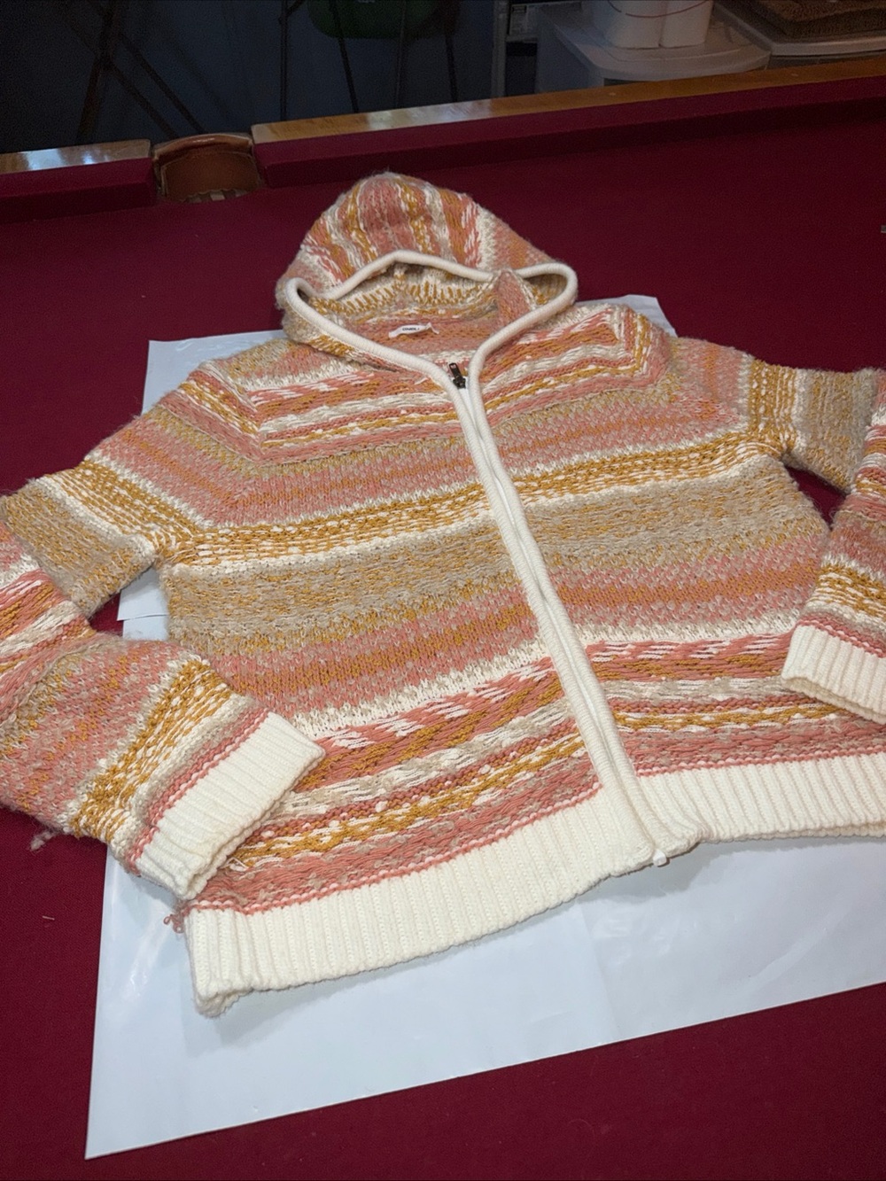 O’Neill Isla Striped Hooded Sweater women’s L Chunky Knit Wool Blend Tan Beige